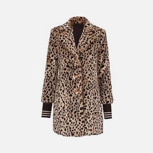 Cabi Josephine Coat Faux Fur Leopard Print, Removable Cuffs